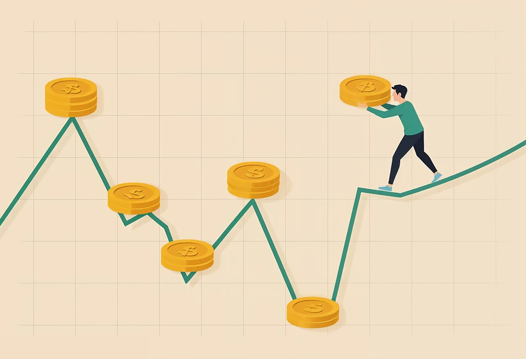 Ilustración de una persona añadiendo una moneda a un gráfico con subidas y bajadas